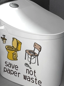 Close-up of Save Paper Not Waste sticker with cartoon toilet on white lid