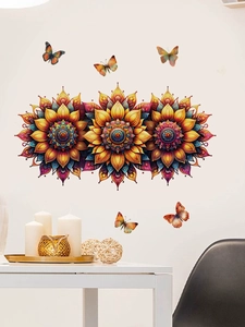 Detail of vibrant mandala flowers and butterflies wall stickers in a cozy home setting