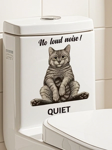 Detail of grey tabby cat toilet sticker with 'No loud noise' and 'QUIET' text