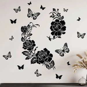 Black rose and butterfly PVC wall decals on white background for home living room decor