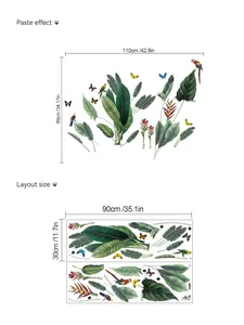 Detail view of tropical plant wall decal layout showing dimensions and parrot pattern assembly