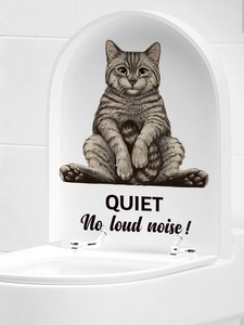 Detail of tabby cat toilet sticker with Quiet No loud noise functional text