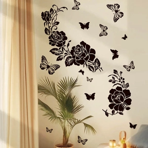 Creative black floral wall decal set featuring elegant roses and flying butterflies for home