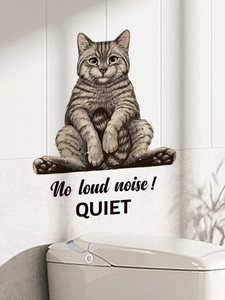 Detail of grey tabby cat wall sticker with No loud noise QUIET text on bathroom wall
