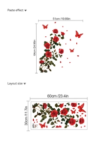 Detail showing red rose wall sticker layout and paste effect dimensions in centimeters