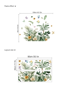 Détail de l'effet de pose et dimensions du sticker mural plantes tropicales et papillons