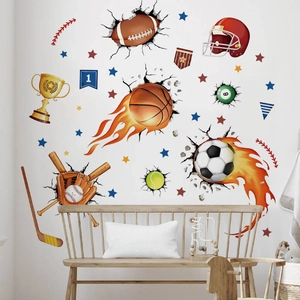 3D Sports Balls Wall Stickers Football Basketball Baseball Broken Wall Effect Removable PVC Decals For Boy Bedroom Decor