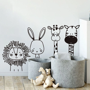 Adesivi murali animali cartoni animati linee nere minimaliste leone coniglio giraffa zebra