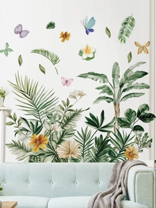 Stickers muraux feuilles de palmier tropicales avec papillons colorés et fleurs fraîches