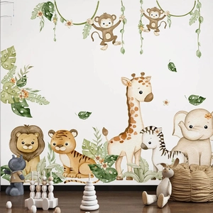 Aquarell Dschungeltiere Wandtattoo mit Giraffe Elefant und Löwe für das Kinderzimmer