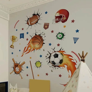 3D sports ball wall stickers with soccer and basketball motifs for kids room decoration