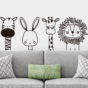 Adesivi murali animali con linee minimaliste con zebra, coniglio, giraffa e leone per bimbi