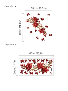 Detailansicht der 3D-Wandaufkleber mit roten Rosen, Layoutgröße und Klebeeffekt