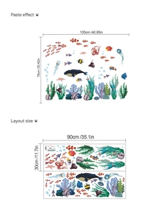 Detailed sheet layout of marine wall stickers with whales, jellyfish and coral dimensions