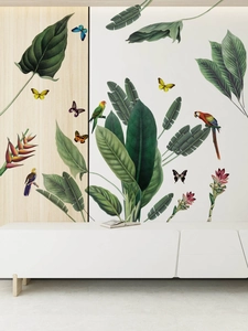 Macro detail of tropical rainforest wall stickers with green leaves and parrots on wall