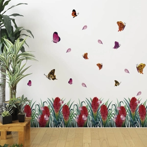 Red Flower Butterflies Wall Stickers For Living Room Bedroom PVC Self-Adhesive Removable Floral Art Wall Decals Home Decor