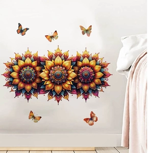 Mandala sunflower and butterfly wall decals in warm yellow and blue for home decor