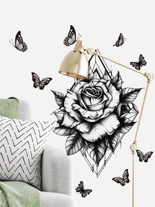 Detailed realistic black rose wall decals with butterfly accents and geometric frames