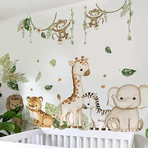 Aquarell Dschungeltier Wandaufkleber mit Giraffe und Löwe für Kinderzimmer Wanddekoration