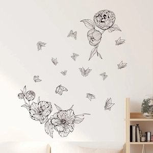 Elegant black peony floral wall decals with butterflies for living room wall decor
