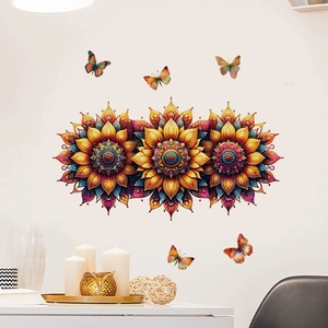 Vibrant mandala sunflower and butterfly wall stickers set on white background wall
