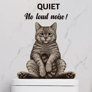 Cute tabby cat wall sticker with QUIET sign for bathroom and home decor