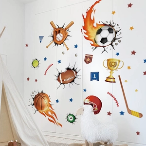 3D sports ball wall stickers with football and basketball motifs for boys bedroom decor