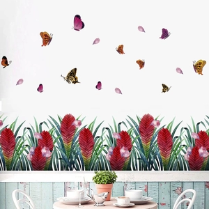 Self-adhesive PVC wall stickers with red floral patterns and colorful butterflies decor