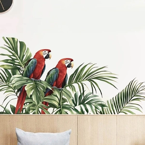 Adesivo murale tropicale con ara e foglie di palma per decorazione camera da letto