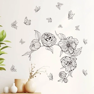 Floral black flower wall decals with butterflies for elegant home wall decoration
