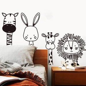 Adesivi murali con animali cartoni animati in stile lineare bianco e nero per bimbi