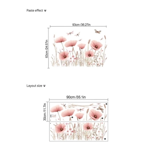 Stickers muraux fleurs de pavot roses et libellules avec dimensions et effet final