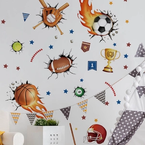 3D sports ball wall stickers with football basketball and trophies for boys' room decor