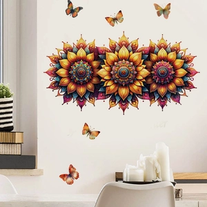 Bohemian mandala sunflower wall stickers with colorful butterflies for home decor
