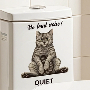 Cute gray tabby cat toilet sticker with 'No loud noise! QUIET' text for bathroom decor