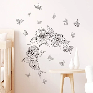Elegant black floral wall stickers with butterflies for bedroom or living room decor