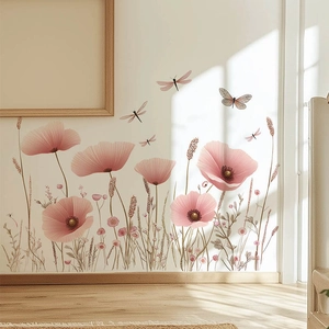 Stickers Muraux Coquelicot Rose et Libellule pour Salon Chambre à Coucher Grands Autocollants Muraux en PVC Auto-Adhésifs Amovibles Décoration Maison