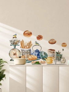 Detail of kitchen wall stickers featuring watercolor bread, birds, and coffee bag on a wall