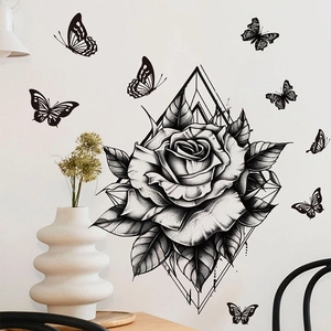 Black Rose Wall Sticker With Butterflies Geometric Diamond Frame Removable PVC Wall Decal For Living Room Bedroom Decor