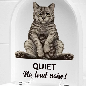 Tabby cat wall sticker with 'QUIET No loud noise' text for home bathroom decor