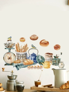 Detailed watercolor kitchen wall decals featuring bread, coffee grinder and teapot