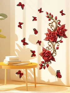 Detailansicht von 3D roten Rosen und goldene Schmetterling-Wandaufkleber mit Schatten
