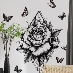 Artistic black rose wall decal with geometric lines and butterflies for home decor