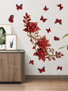 Detail von 3D-Wandstickern mit roten Rosen, goldenen Reben und Schmetterlingen an der Wand