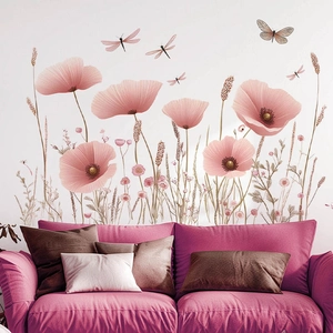 Stickers muraux fleurs de pavot roses et libellules pour décoration salon et chambre