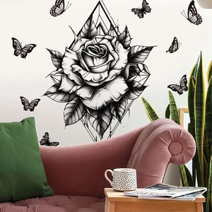 Artistic black rose wall decal with geometric lines and butterflies for home decor