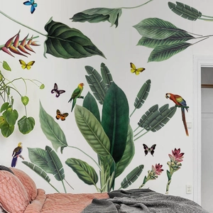 Tropical wall decals with green leaves, parrots and flowers for home decor