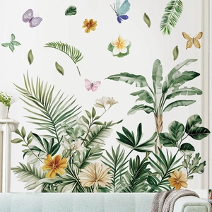Sticker Mural PVC Plantes Vertes Tropicales Feuilles de Palmier Papillon Aquarelle Florale Autocollant Décoration d'Art Maison