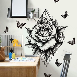 Elegant black rose wall stickers with butterflies and geometric frames for living room decor