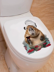 Detail of cute Capybara enjoying a petal bath sticker on a white ceramic toilet lid